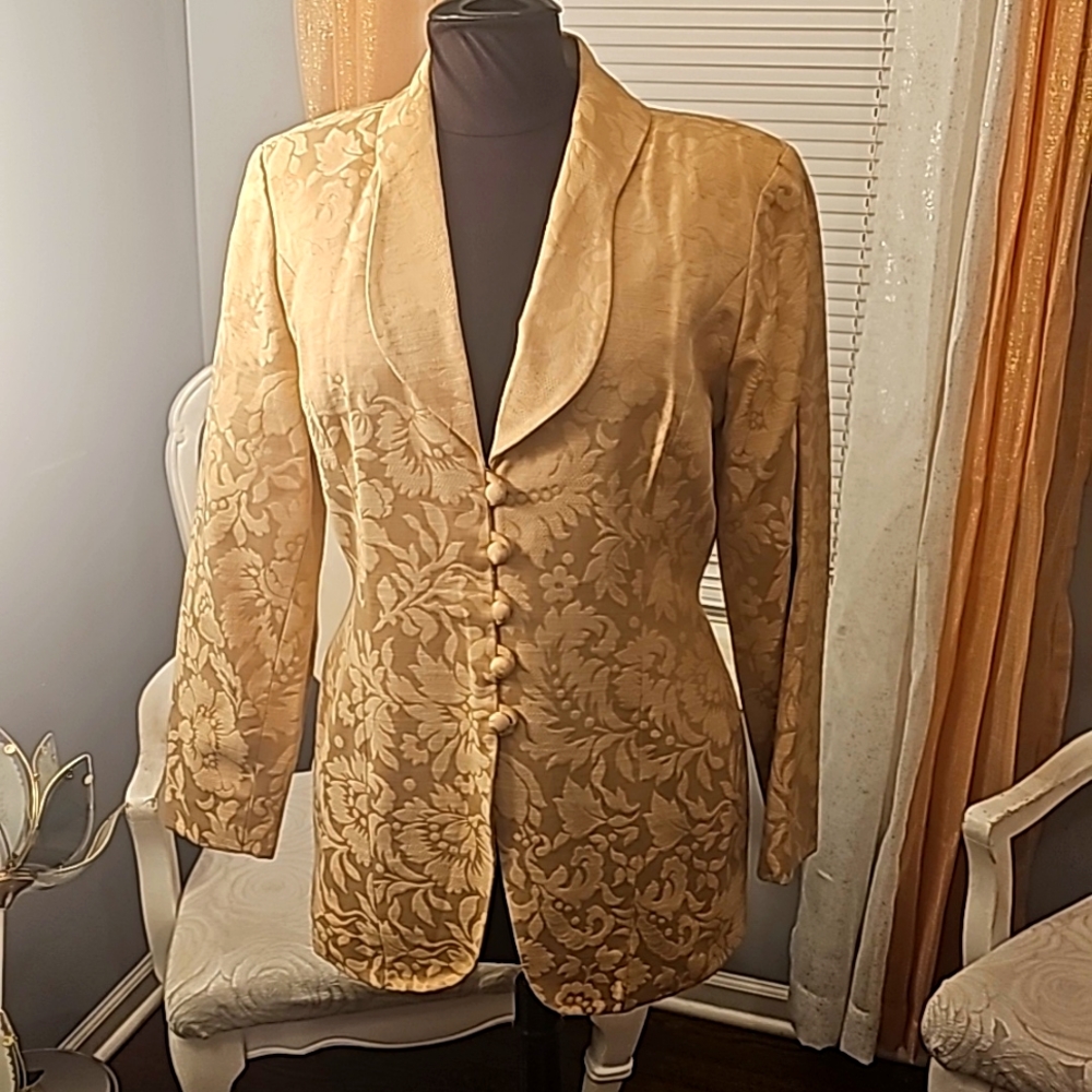 Nina K Designer Blazer, Sz 12, Tan Brocade w/Embedded Leaf Design, Custom Fit